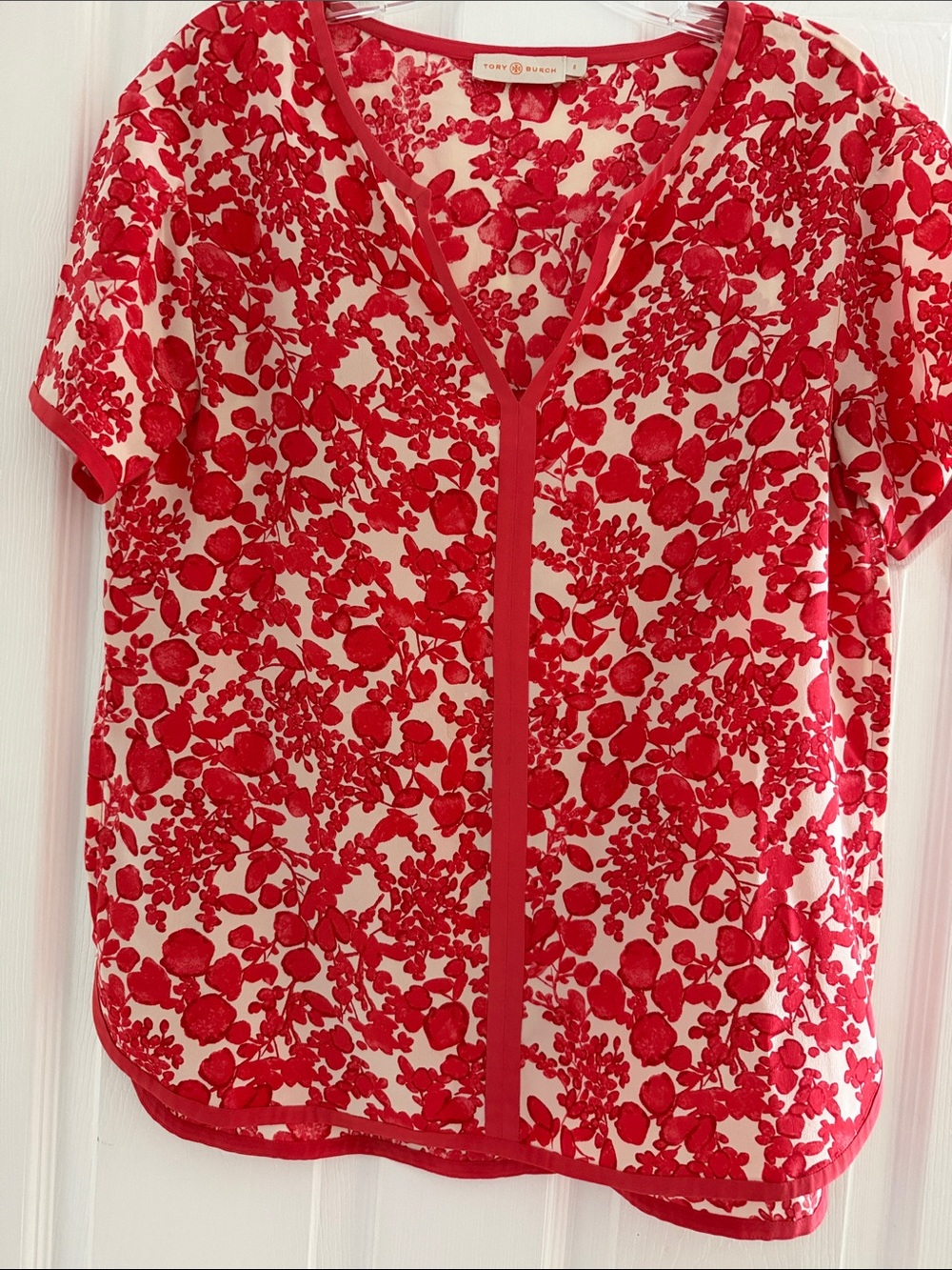 Tory Burch Tops | Like New Tory Burch Coral Floral Short Sleeve Blouse
Size: S